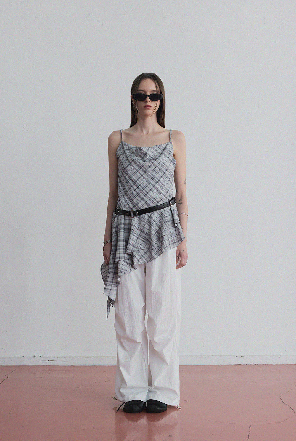 Tup shirring check asymmetrical dress