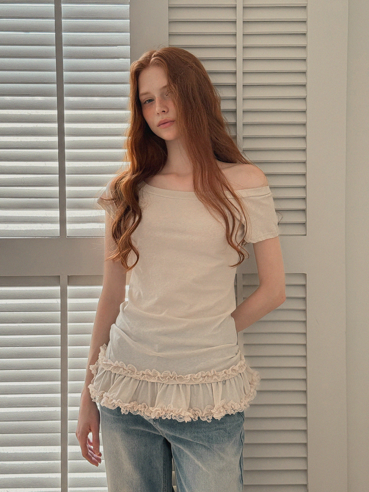Beige Frill Off-Shoulder Short Sleeve Tee