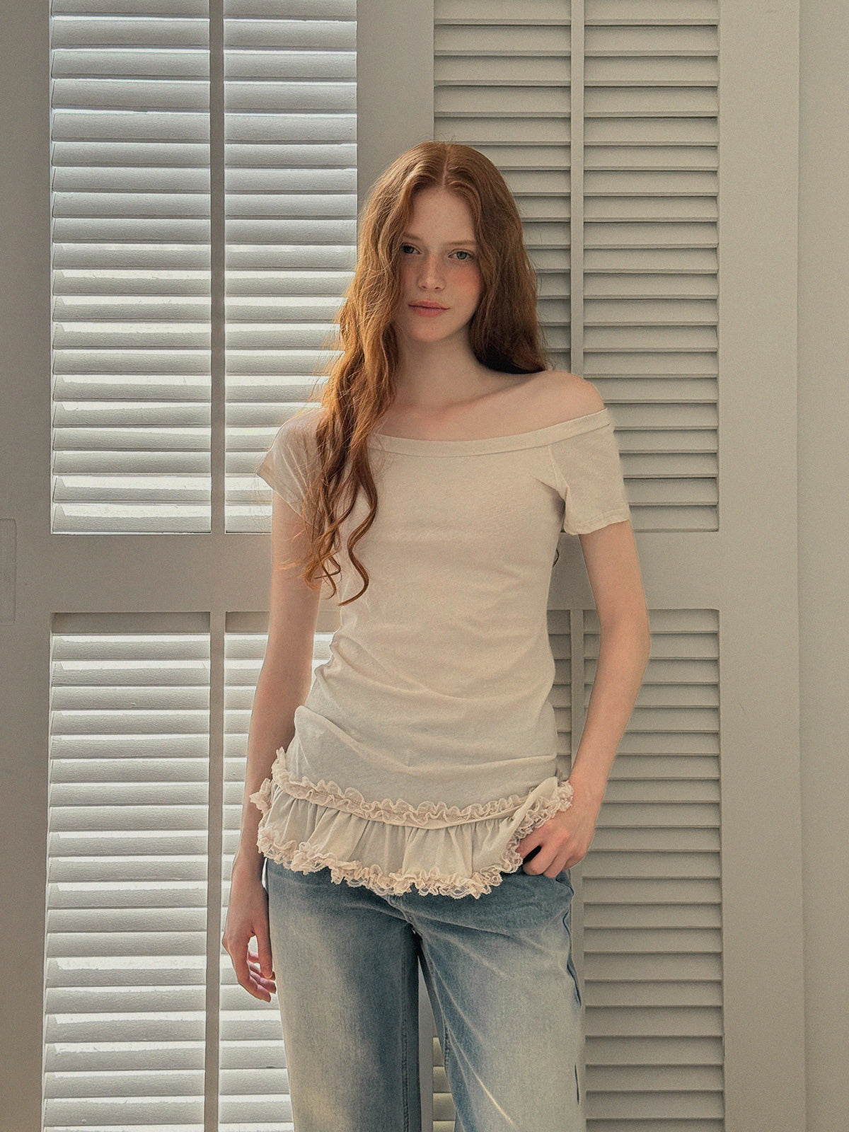 Beige Frill Off-Shoulder Short Sleeve Tee