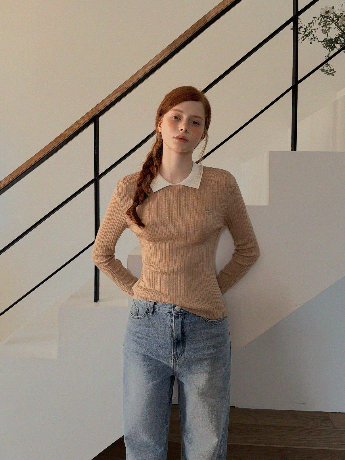 Rimet Contrast Collar Long Sleeve Knit