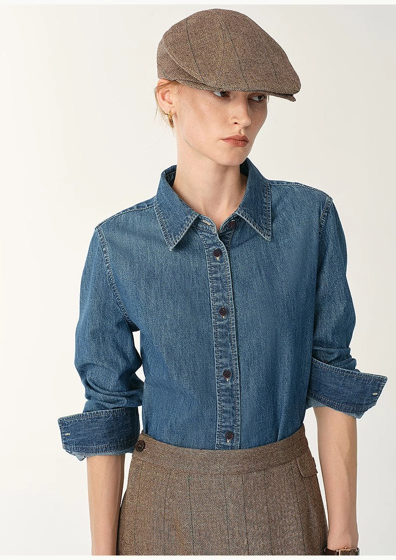 Italian imported BERTO denim classic old money style lapel shirt for women-4