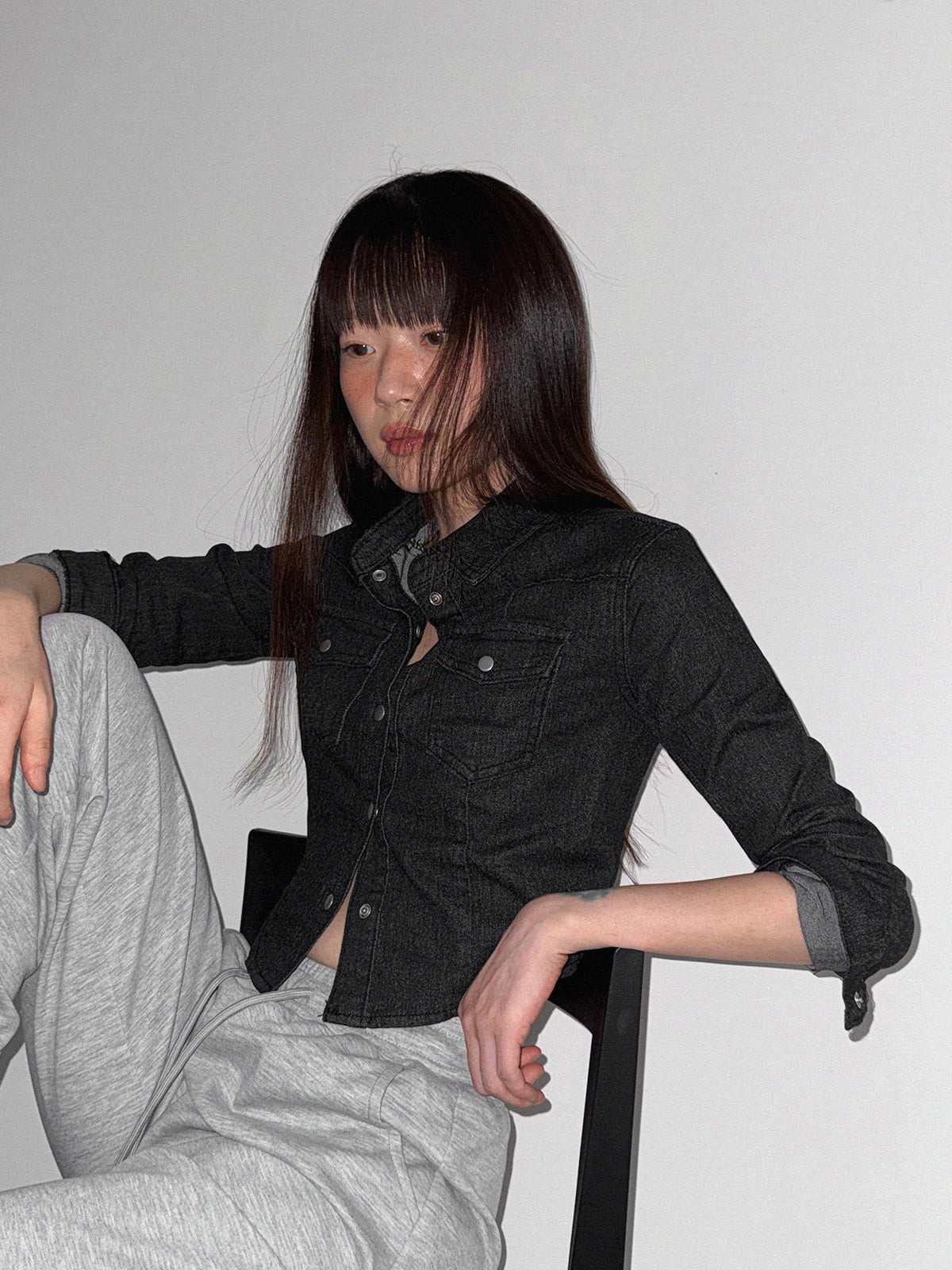 Mian Button Crop Denim Long-Sleeve Shirt