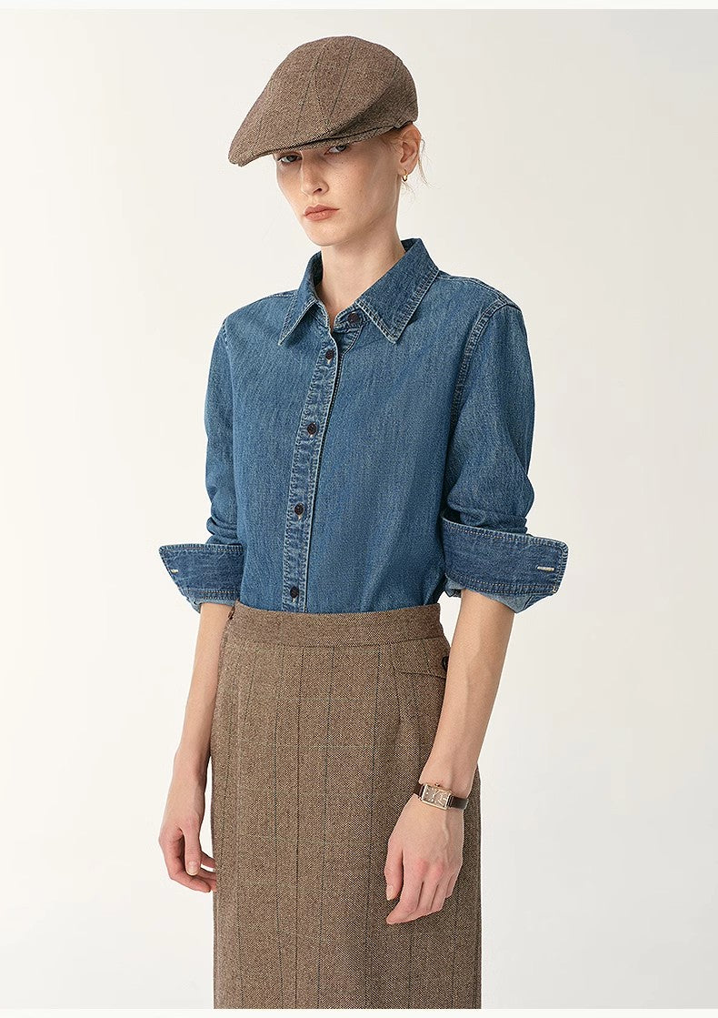 Italian imported BERTO denim classic old money style lapel shirt for women-1