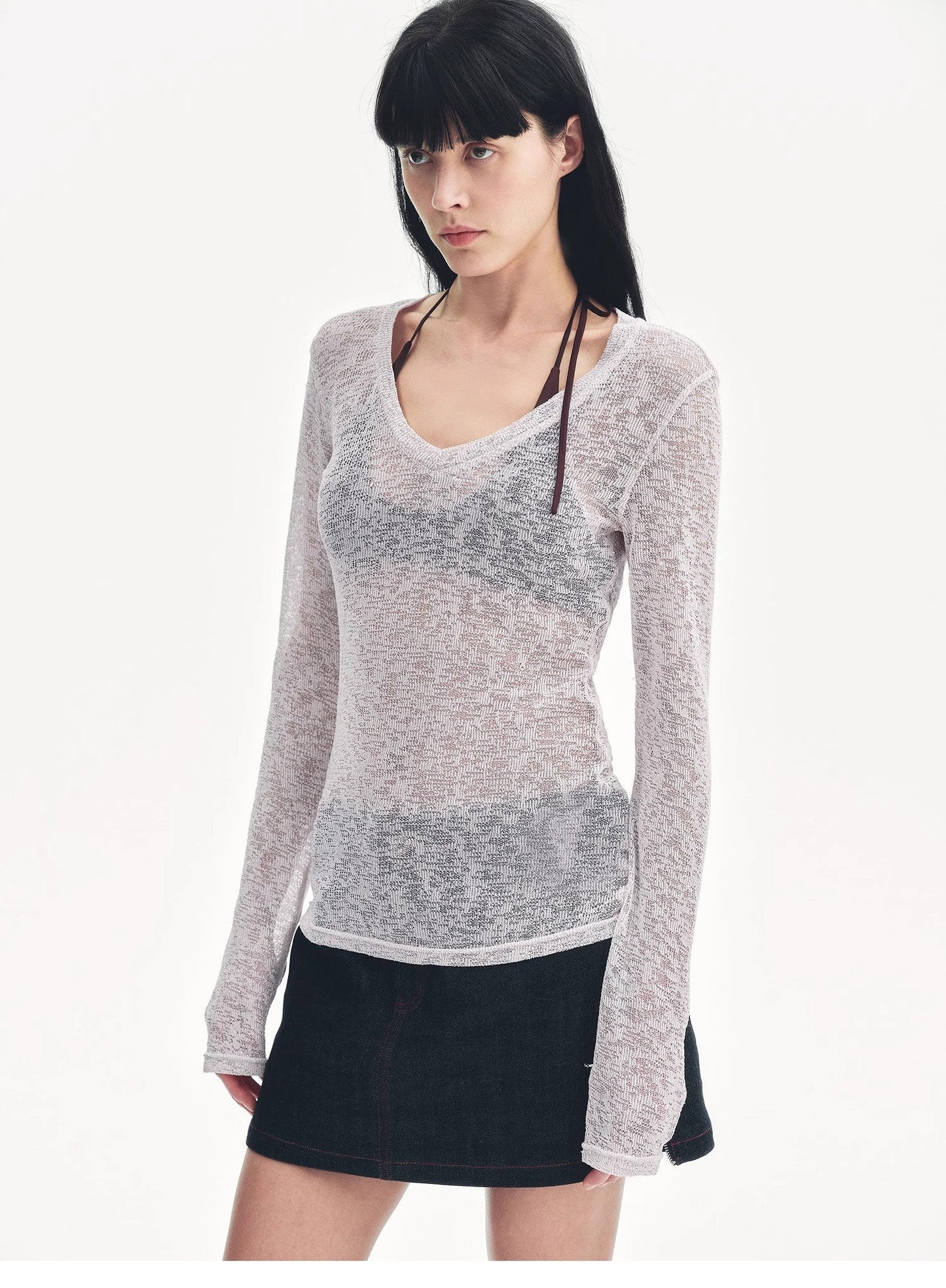 "Spring Old Dream" Loose and versatile slightly hollow V-neck straight shoulder top-4