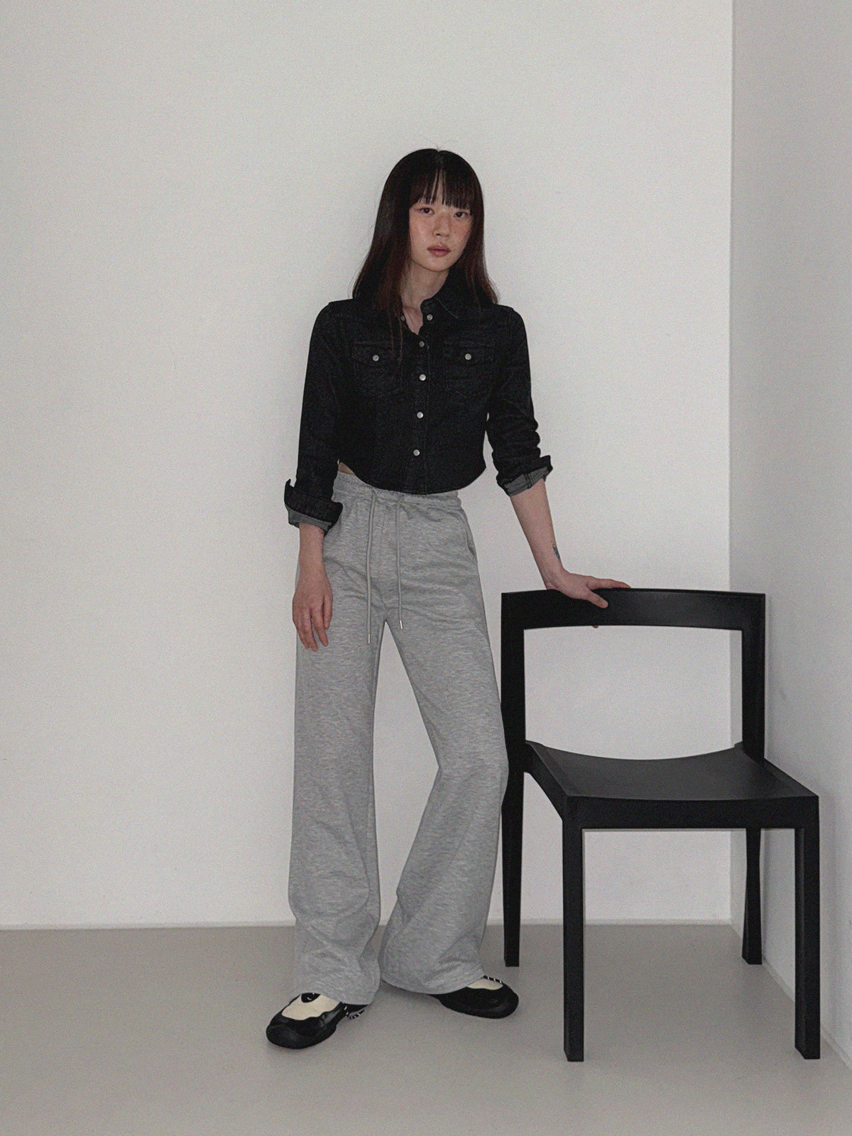 Mian Button Crop Denim Long-Sleeve Shirt