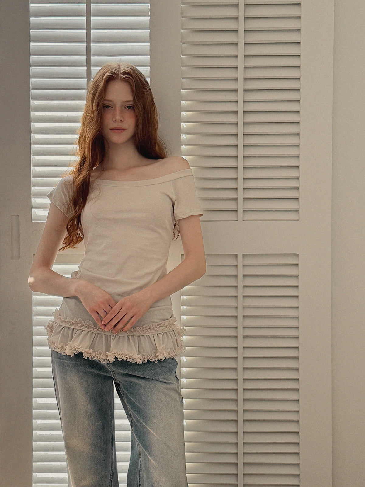 Beige Frill Off-Shoulder Short Sleeve Tee