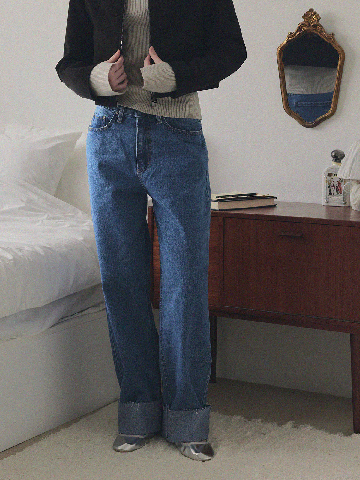 Puo Rolled-Up Wide Leg Denim Pants Jean