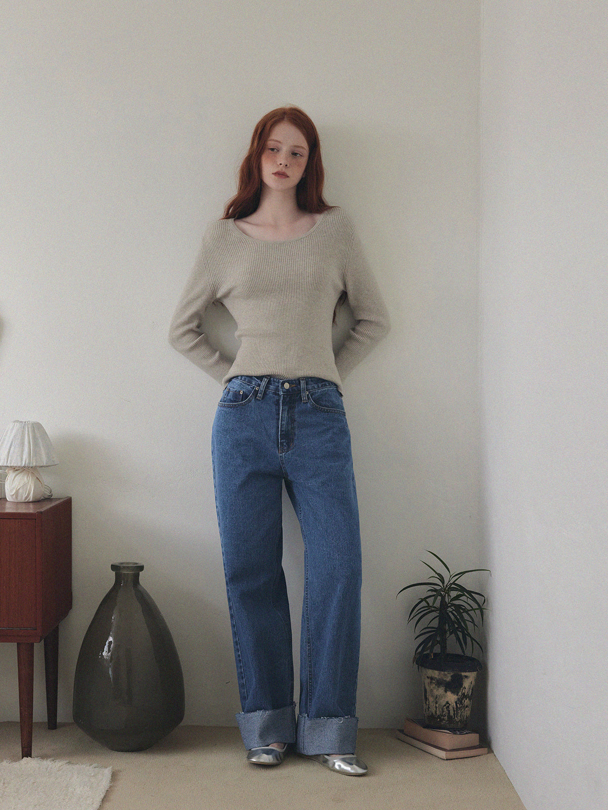 Puo Rolled-Up Wide Leg Denim Pants Jean