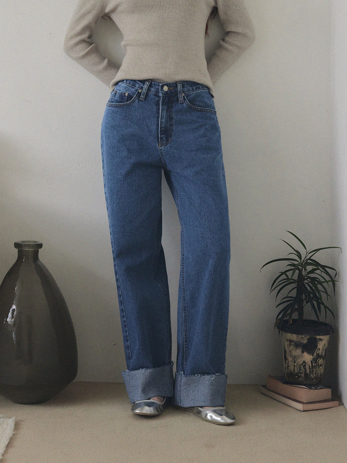 Puo Rolled-Up Wide Leg Denim Pants Jean