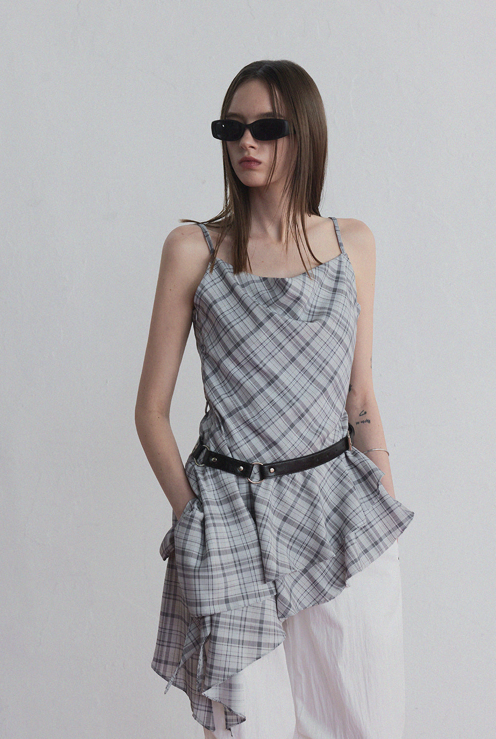 Tup shirring check asymmetrical dress