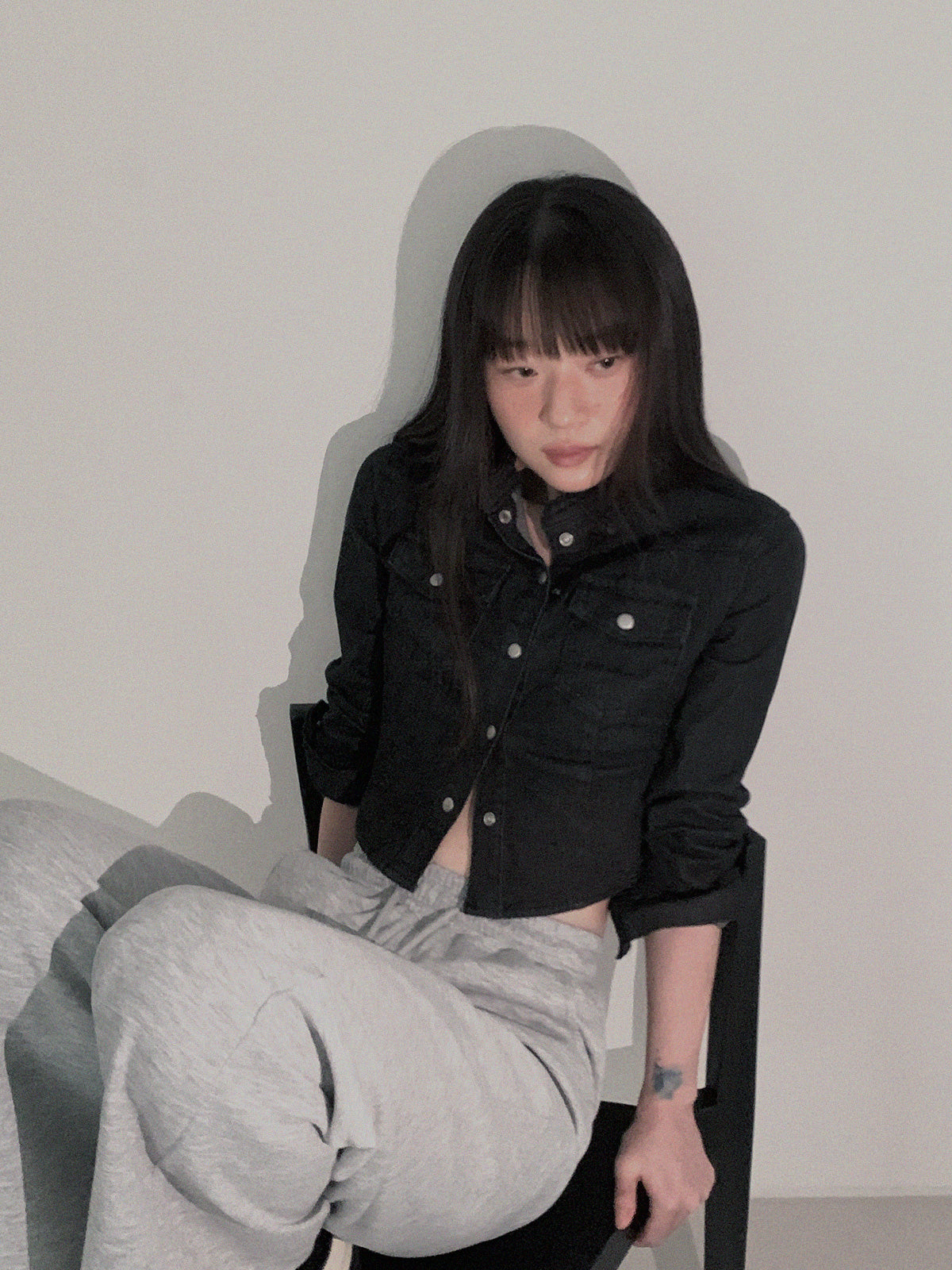 Mian Button Crop Denim Long-Sleeve Shirt