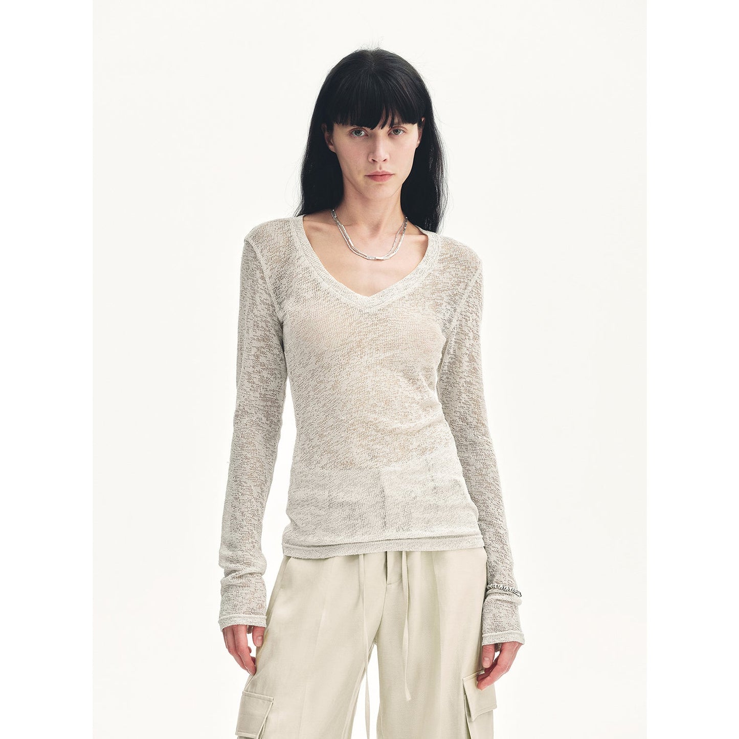 "Spring Old Dream" Loose and versatile slightly hollow V-neck straight shoulder top-6
