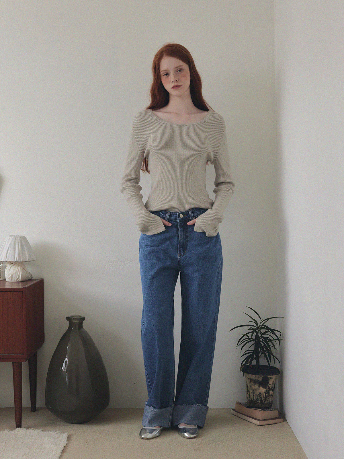 Puo Rolled-Up Wide Leg Denim Pants Jean