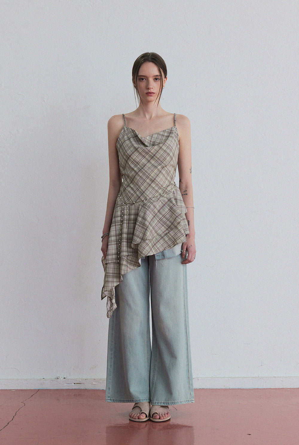 Tup shirring check asymmetrical dress