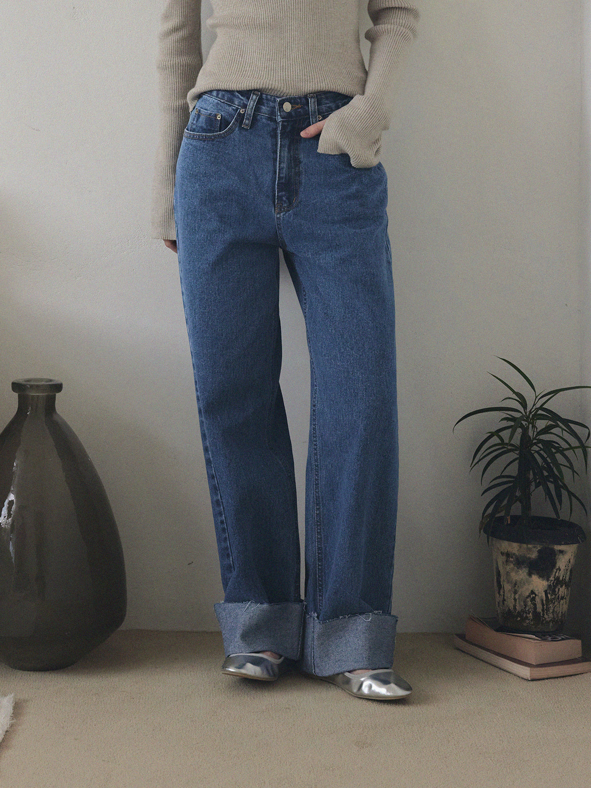 Puo Rolled-Up Wide Leg Denim Pants Jean