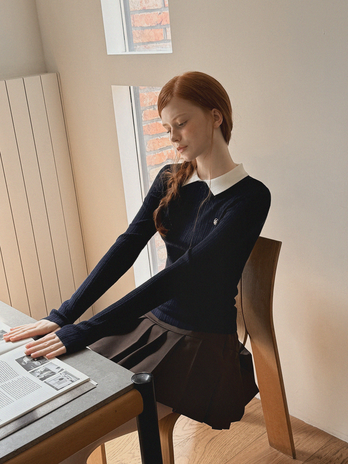 Rimet Contrast Collar Long Sleeve Knit