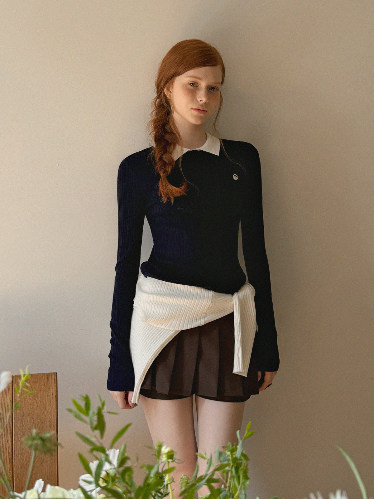 Rimet Contrast Collar Long Sleeve Knit