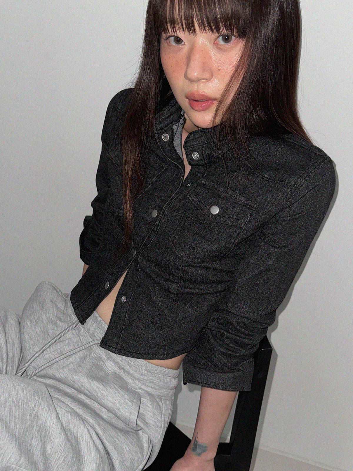 Mian Button Crop Denim Long-Sleeve Shirt