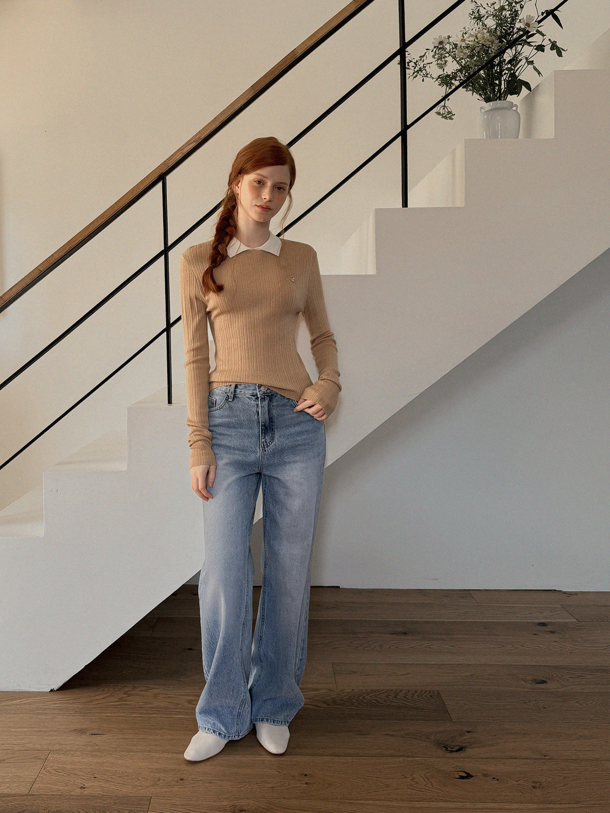 Rimet Contrast Collar Long Sleeve Knit