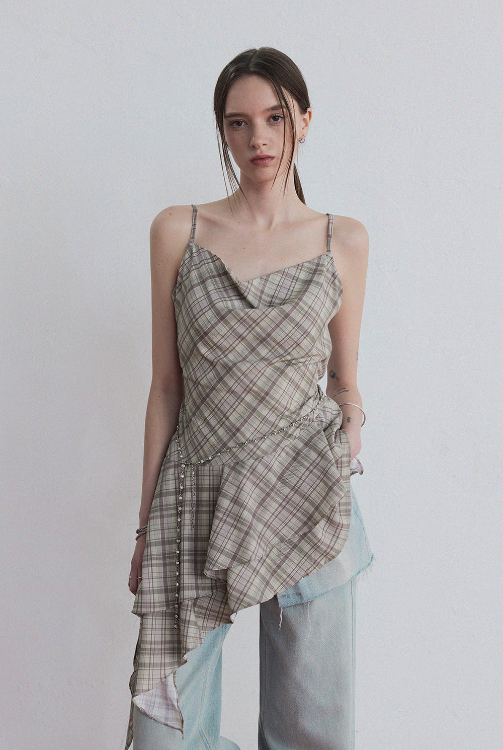 Tup shirring check asymmetrical dress