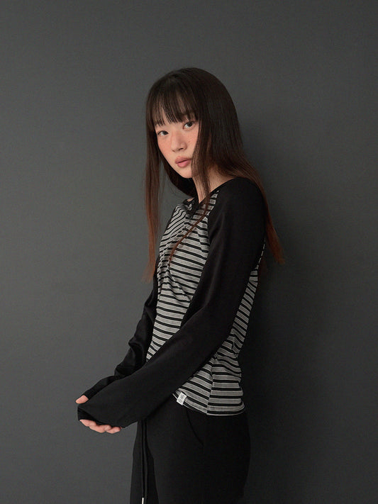 [TWEE] Mono button striped color-block long-sleeve T-shirt