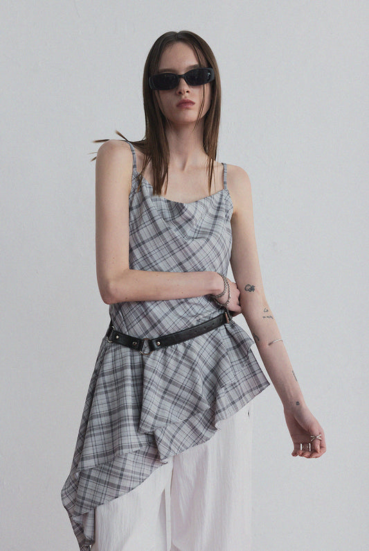 Tup shirring check asymmetrical dress