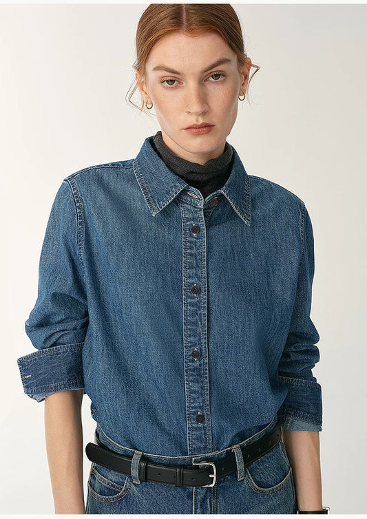 Italian imported BERTO denim classic old money style lapel shirt for women-0