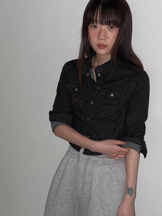 Mian Button Crop Denim Long-Sleeve Shirt