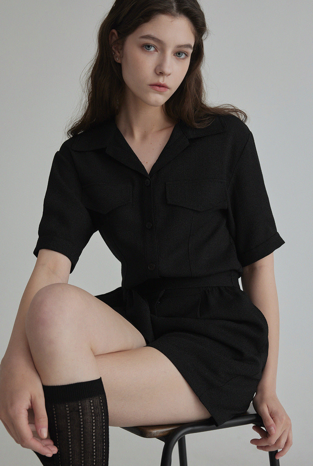 [TWEE] Rangde Tweed Collared Short-Sleeve Jumpsuit-1