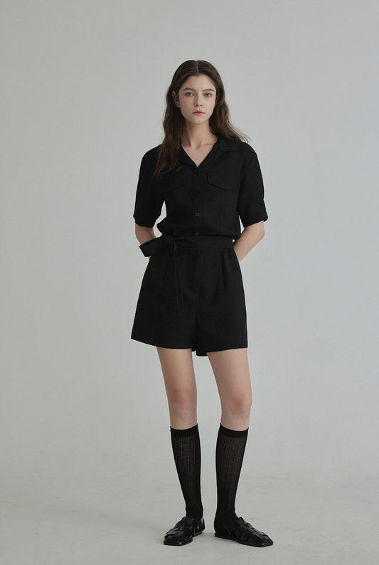[TWEE] Rangde Tweed Collared Short-Sleeve Jumpsuit-0